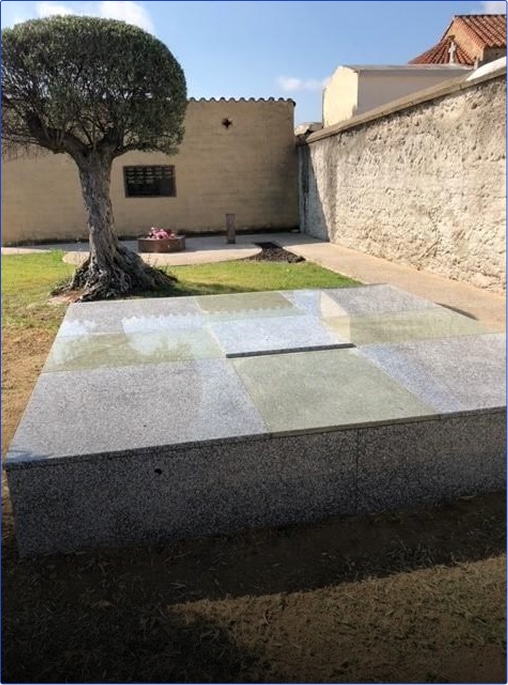 Tombe en granite avec arbre à proximité.